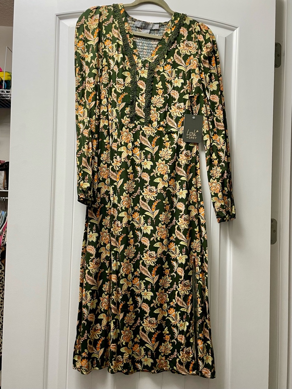 Lark & Grey Olive Floral Long Sleeve V-Neck Dress